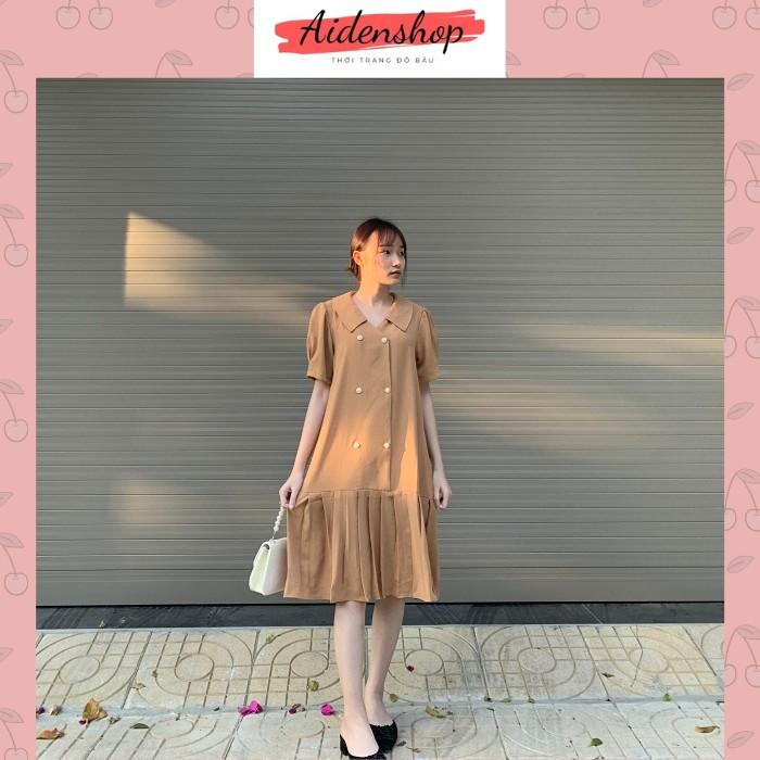 Váy bầu thời trang Aidenshop đầm bầu công sở dáng suông đẹp đuôi xếp li khuy đẹp