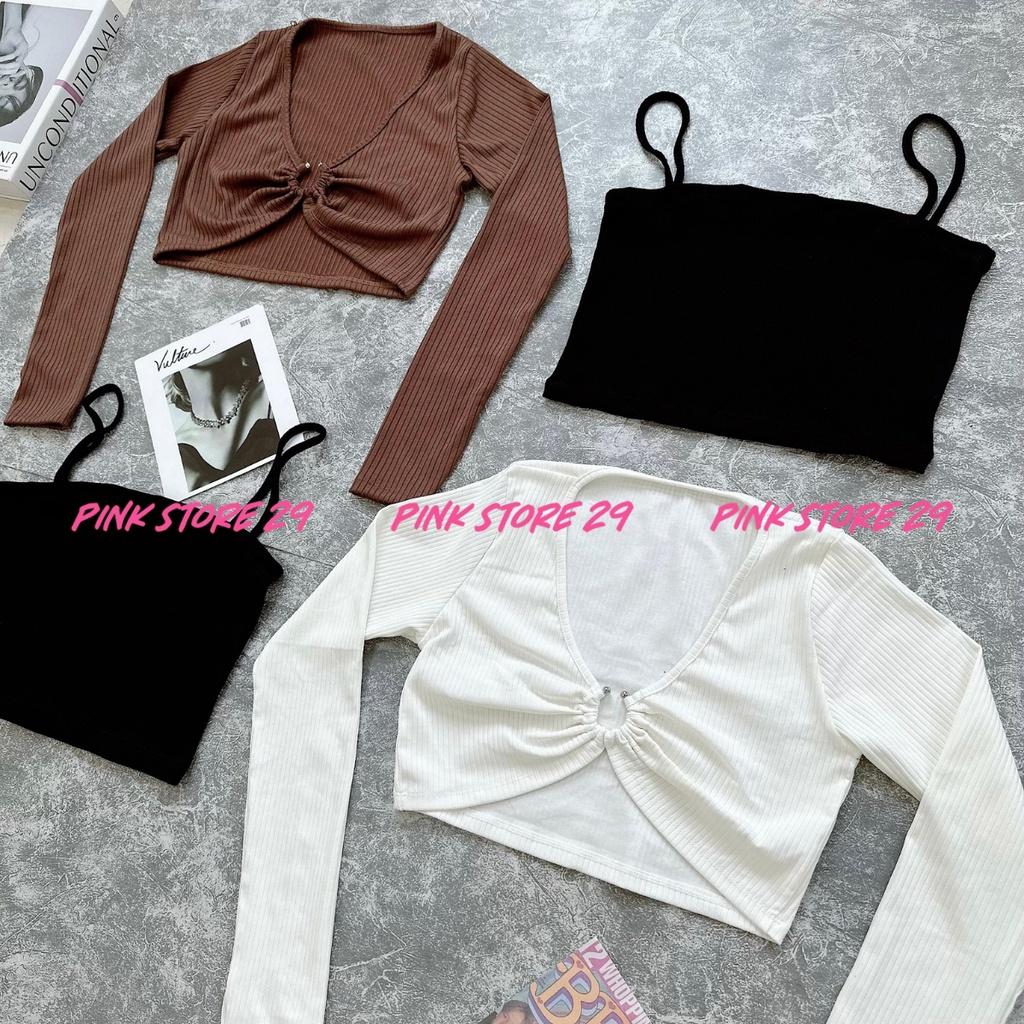 Áo croptop tay dài PINKSTORE29 lót áo 2 dây dáng ôm khoen tròn ngực A5486