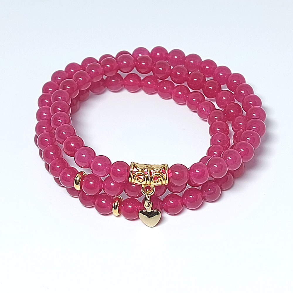 Vòng tay đá Mã Não Hồng Ruby Size 6 Li Quấn 3 mix Charm Vàng Trái Tim | Hoa Minh Gem