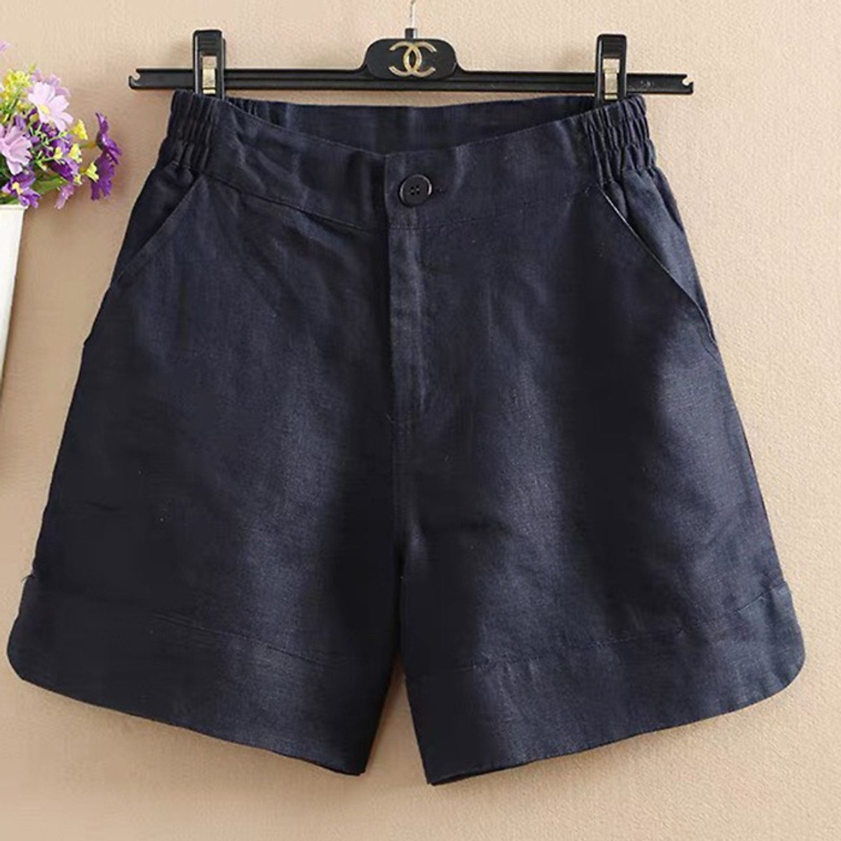 Quần short nữ linen bột Premium xẻ gấu tròn lưng chun 2 bên