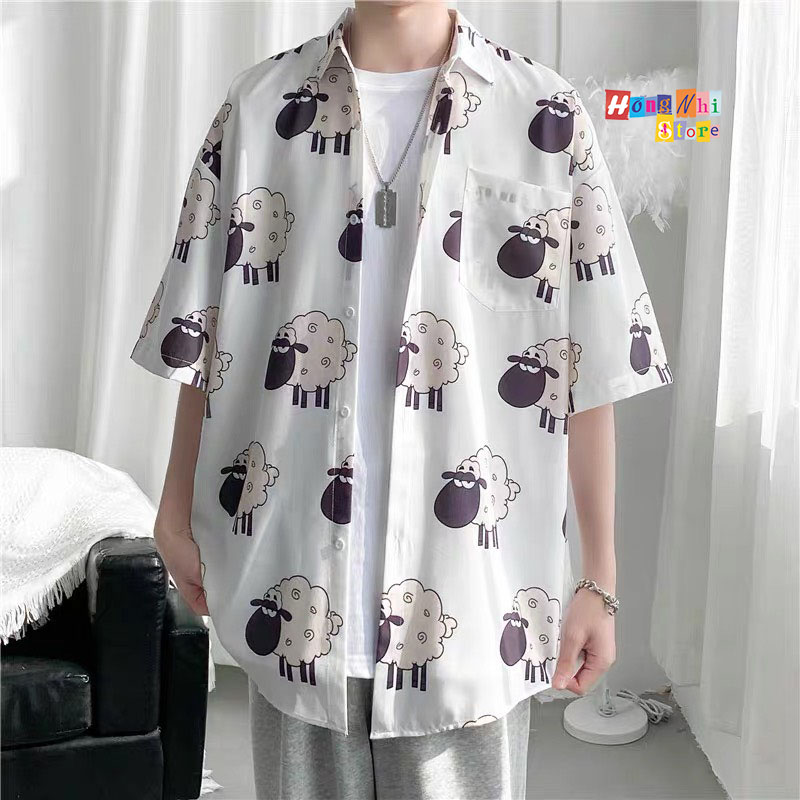 Áo Sơ Mi Hoạ Tiết Đi Biển Con Cừu Hoạt Hình Tay Lỡ Dáng Rộng Ulzzang Unisex - MM