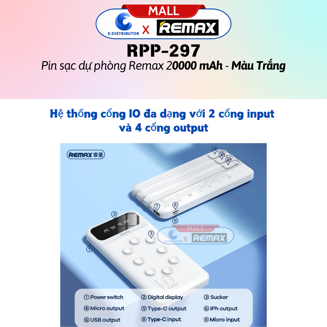 Pin sạc dự phòng Remax RPP-297 20000mAh - Hàng Chính Hãng - Bảo Hành 12 Tháng