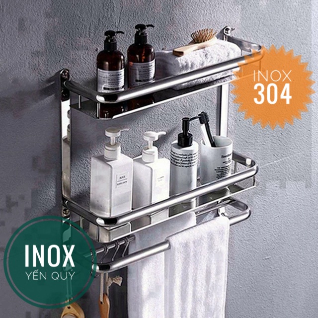 Kệ để đồ nhà tắm 3 tầng có móc treo và thanh treo khăn