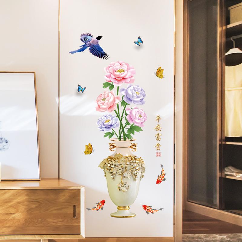 DECAL DÁN TƯỜNG TRANH CÔNG VÀ BÌNH HOA HỒNG