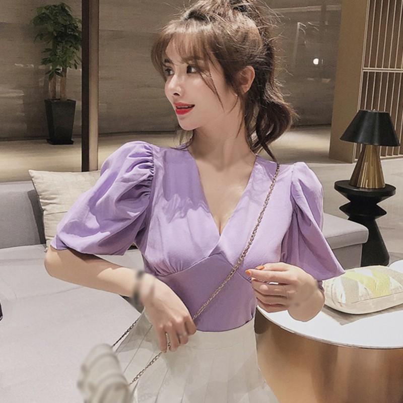 Áo Sơ Mi Tay Ngắn Cổ Chữ V Màu Trơn Thời Trang Dành Cho Nữ