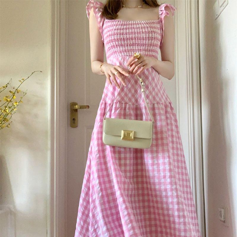 CHENGRUI Cao cấp bông màu hồng kẻ sọc ăn mặc cho phụ nữ Pháp retro nhỏ thiết kế cao cấp giảm tuổi váy dài dễ thương
