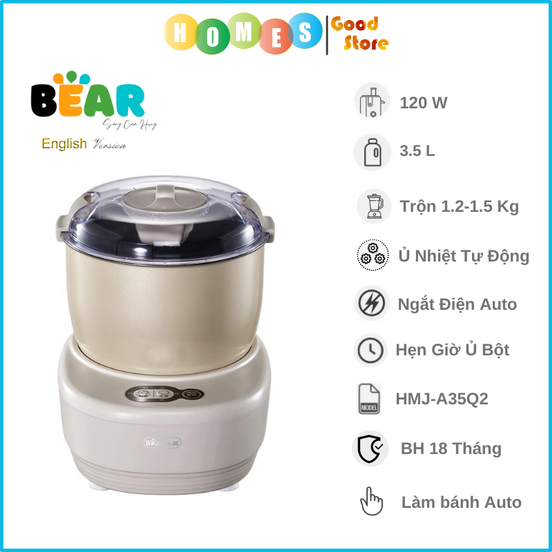 Máy Trộn Bột Ủ Bột Làm Bánh BEAR HMJ-A35Q2 Chống Dính Dung Tích 3.5 Lít Công Suất 120 W - Hàng Chính Hãng