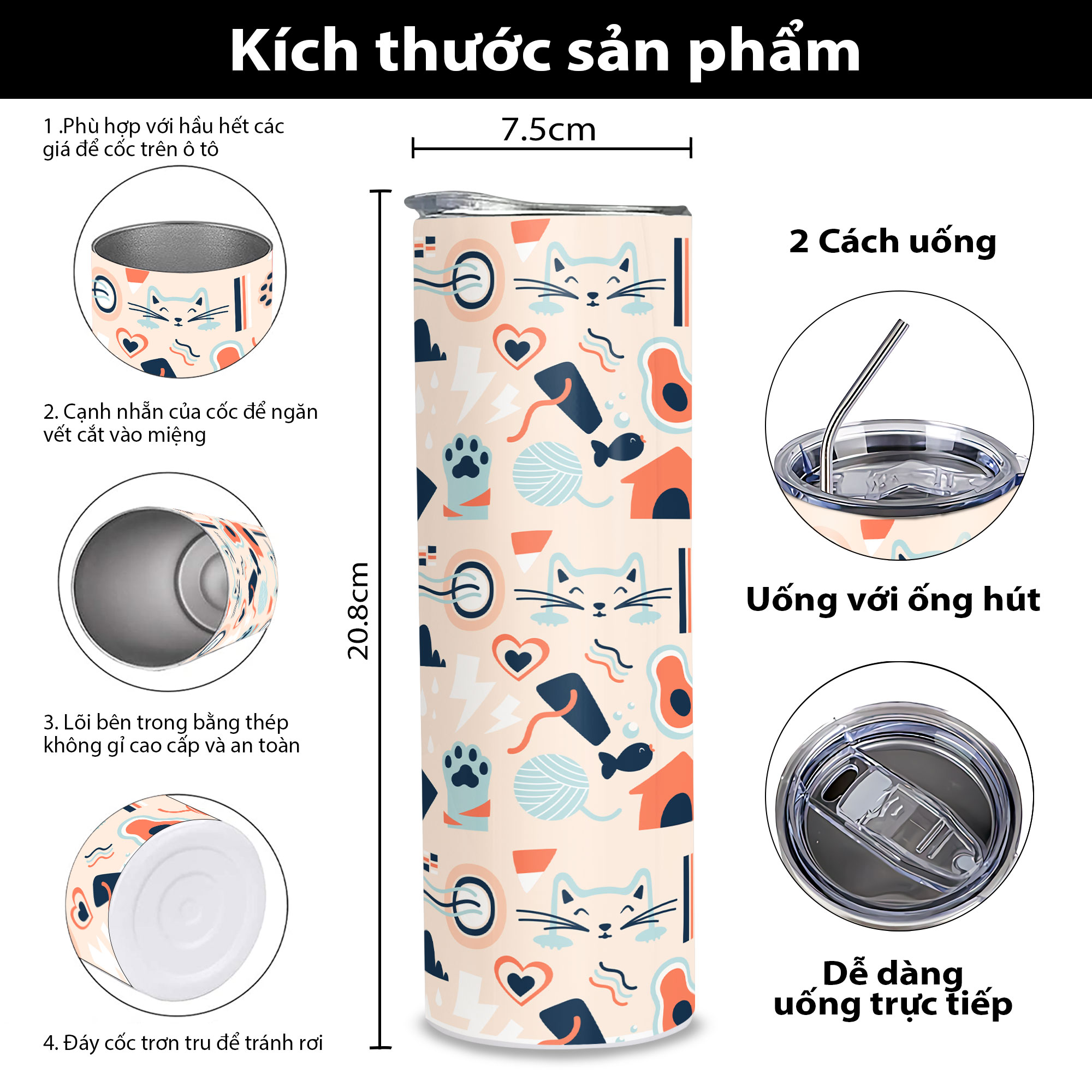 Bình Giữ Nhiệt Cute In Hình Mèo Trừu Tượng - Cốc Giữ Nhiệt In Hình Mèo Trừu Tượng - Bình Nước Giữ Nhiệt Hình Mèo 2 Lớp Thép Không Gỉ SUS304 - 600ml