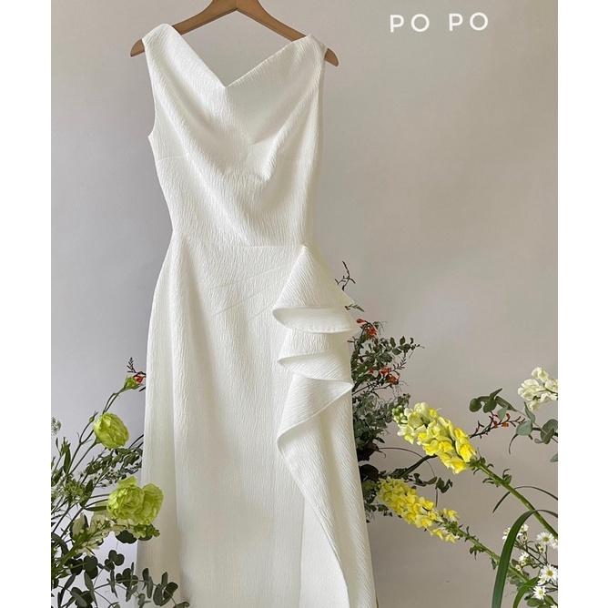 ROSE DRESS Đầm trễ vai gân sóng xếp 1 bên