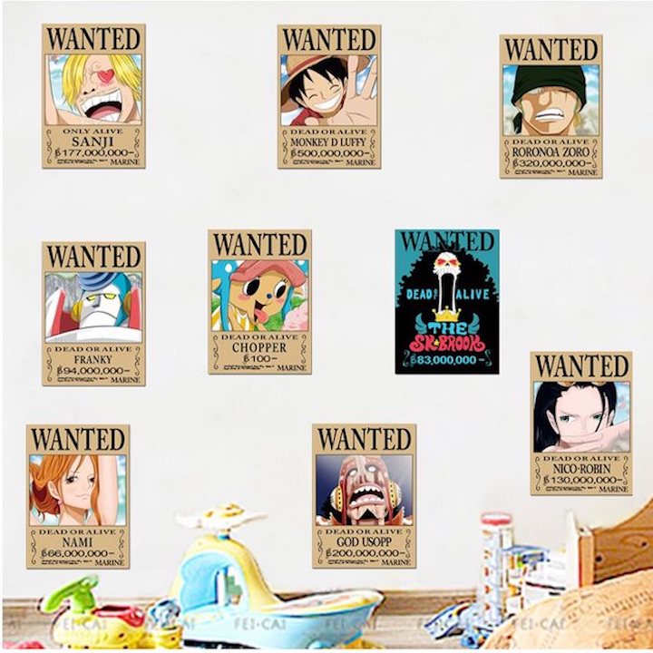 Bộ 9 tấm poster anime dán tường Wanted Băng Mũ Rơm - One Piece