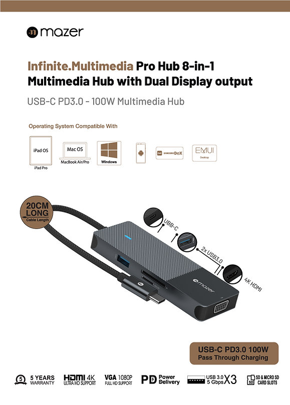 Cổng Chuyển Đổi Mazer Multimedia Pro Hub 8-in-1 USB-C - Hàng chính hãng