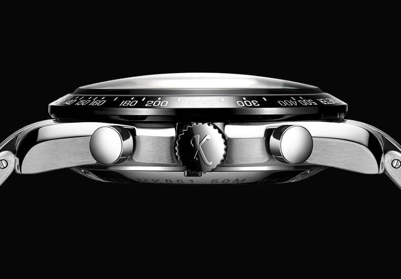Đồng hồ nam chính hãng Kassaw K851-1 hàng mới 100% ,kính sapphire chống nước,chống xước,máy cơ ,dây kim loại trắng thép không gỉ 316L ,kiểu dáng thể thao ,mặt đen 3 núm