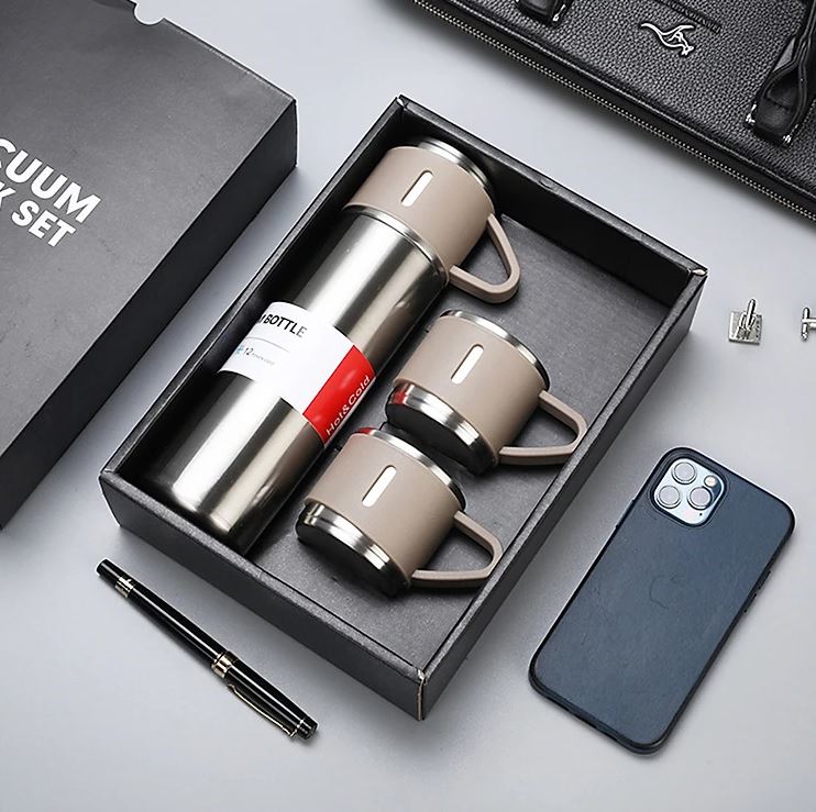 Set bình giữ nhiệt cao cấp kèm 2 cốc inox có quai làm bộ qùa tặng sang trọng HBH