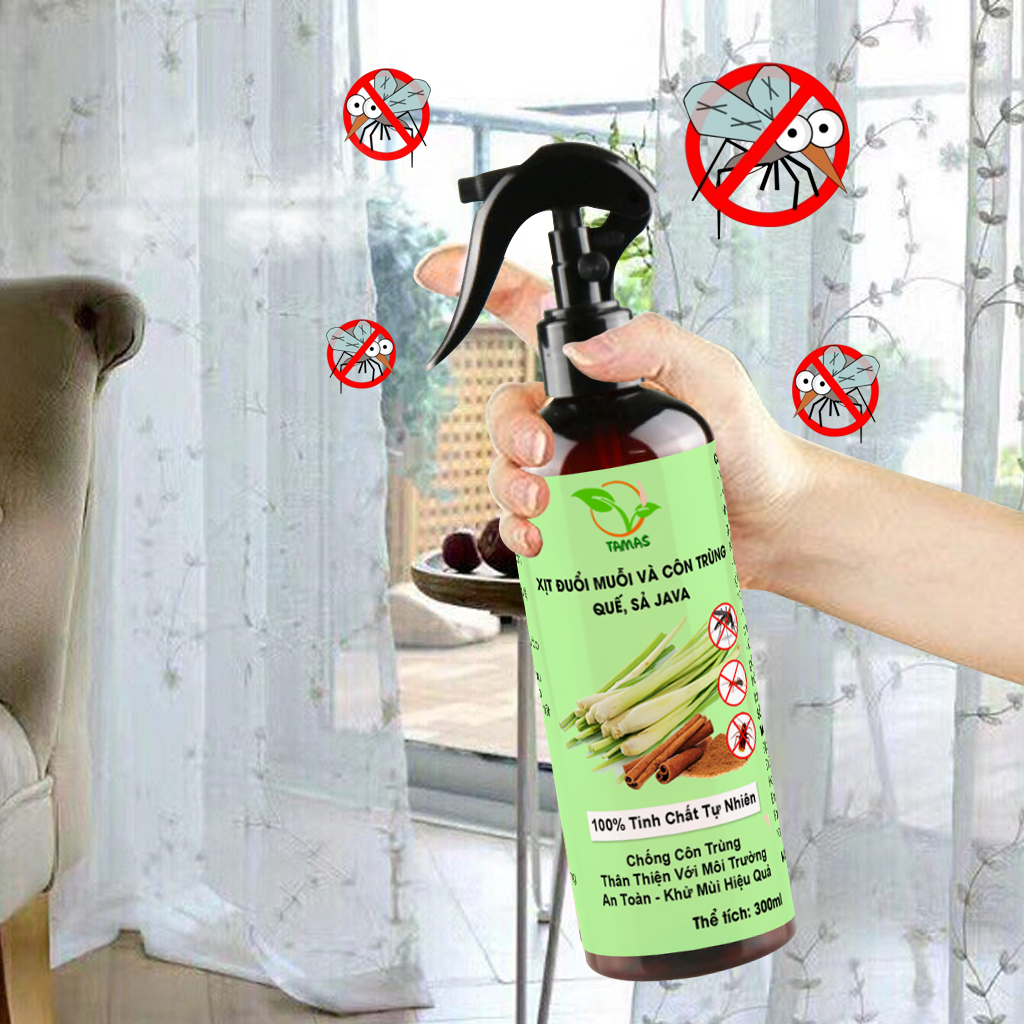 Xịt đuổi muỗi và côn trùng hương sả quế chai 300ml, thành phần an toàn tự nhiên, hiệu quả tốt.