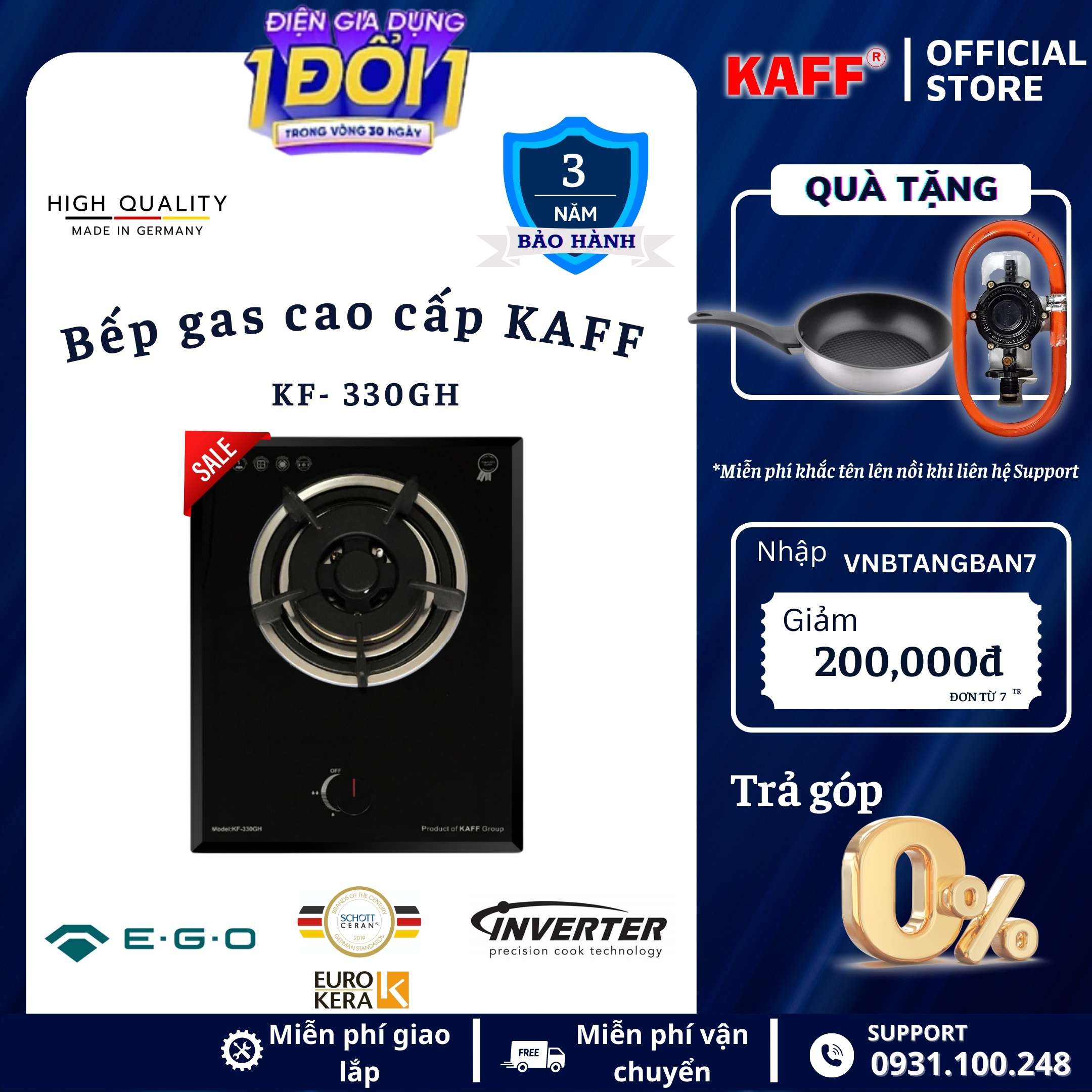 Bộ Bếp ga đơn KAFF KF- 330GH bao gồm: Bếp ga + chảo chống dính cao cấp + bộ van ga - Hàng chính hãng