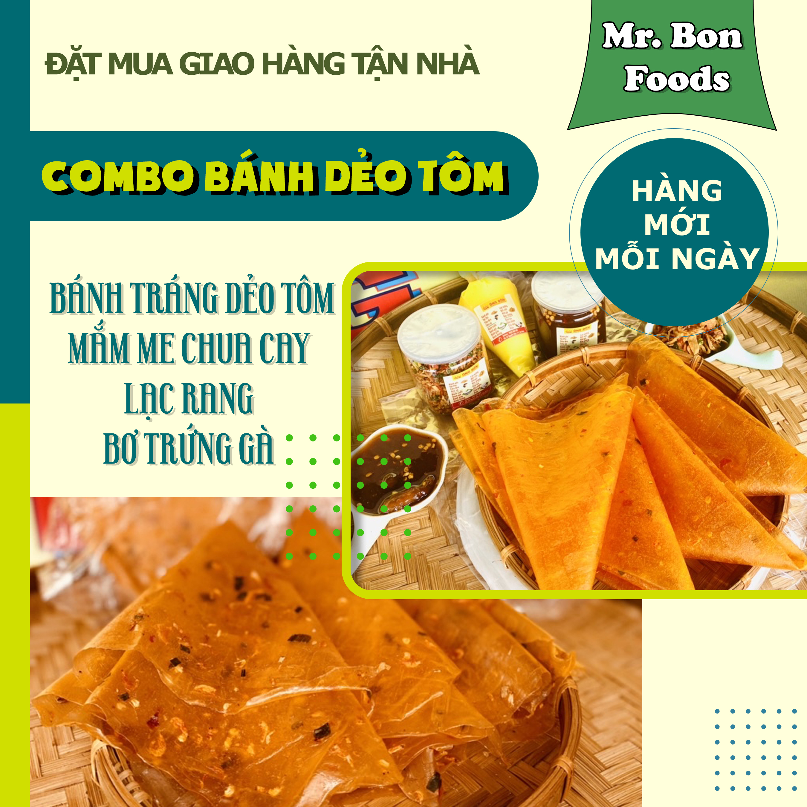 Combo Bánh Tráng Dẻo Tôm 250g - 120ml Mắm Me, 120ml Lạc Rang, 100g Bơ