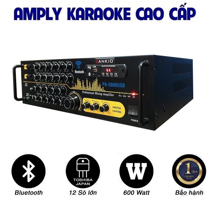 Âm ly Karaoke Bluetooth SANKIO 5000USB - Amply 12 sò lớn, nút nhôm sang trọng, quạt gió tản nhiệt - Hàng chính hãng cao cấp