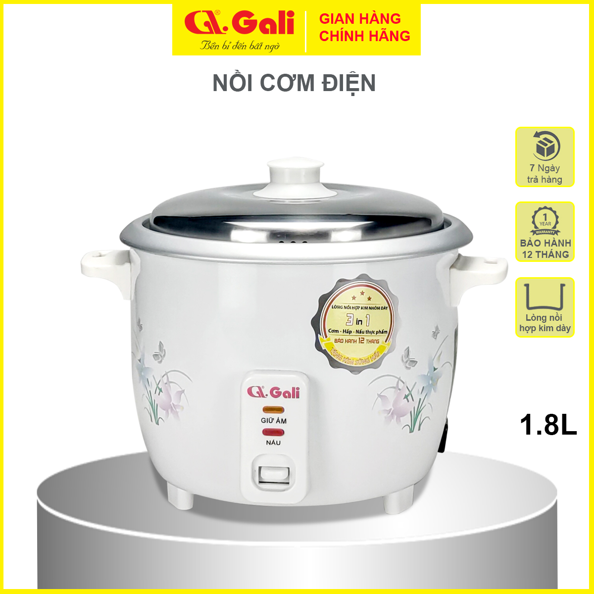 Nồi cơm điện nắp rời Gali 1.8 lít, đa chức năng nấu hấp, luộc, hàng nhập khẩu bảo hành 12 tháng chính hãng.