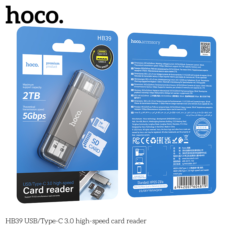 Đầu đọc thẻ nhớ đa năng chuẩn 3.0 hai đầu kết nối Usb và type C cho điện thoại laptop hoco HB39 _  hàng chính hãng