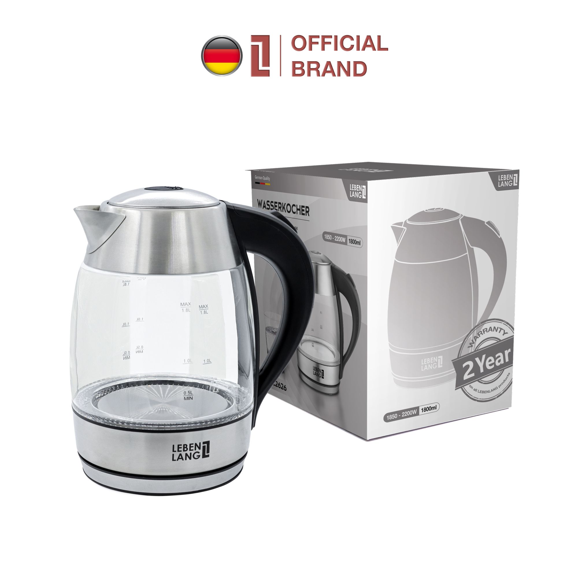 Ấm siêu tốc thủy tinh LEBENLANG LBWE2626 bằng thủy tinh chịu nhiệt, dung tích 1700ml, bảo hành 2 năm - hàng chính hãng