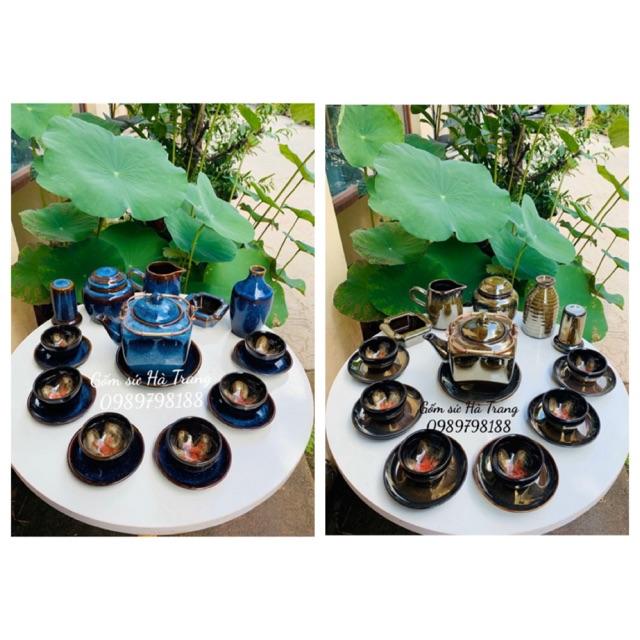 Bộ ấm chén Bát Tràng cao cấp không chì men hoả biến lòng hoa ấm vuông quai đồng dung tích 450ml