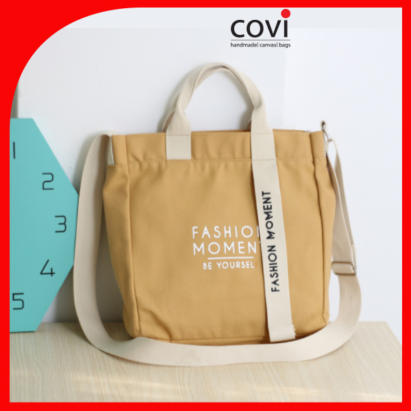 Túi vải Hàn Quốc, túi đeo chéo vải canvas phối chữ Fashion Moment thời trang Covi nhiều màu sắc T11-M-Màu Vàng