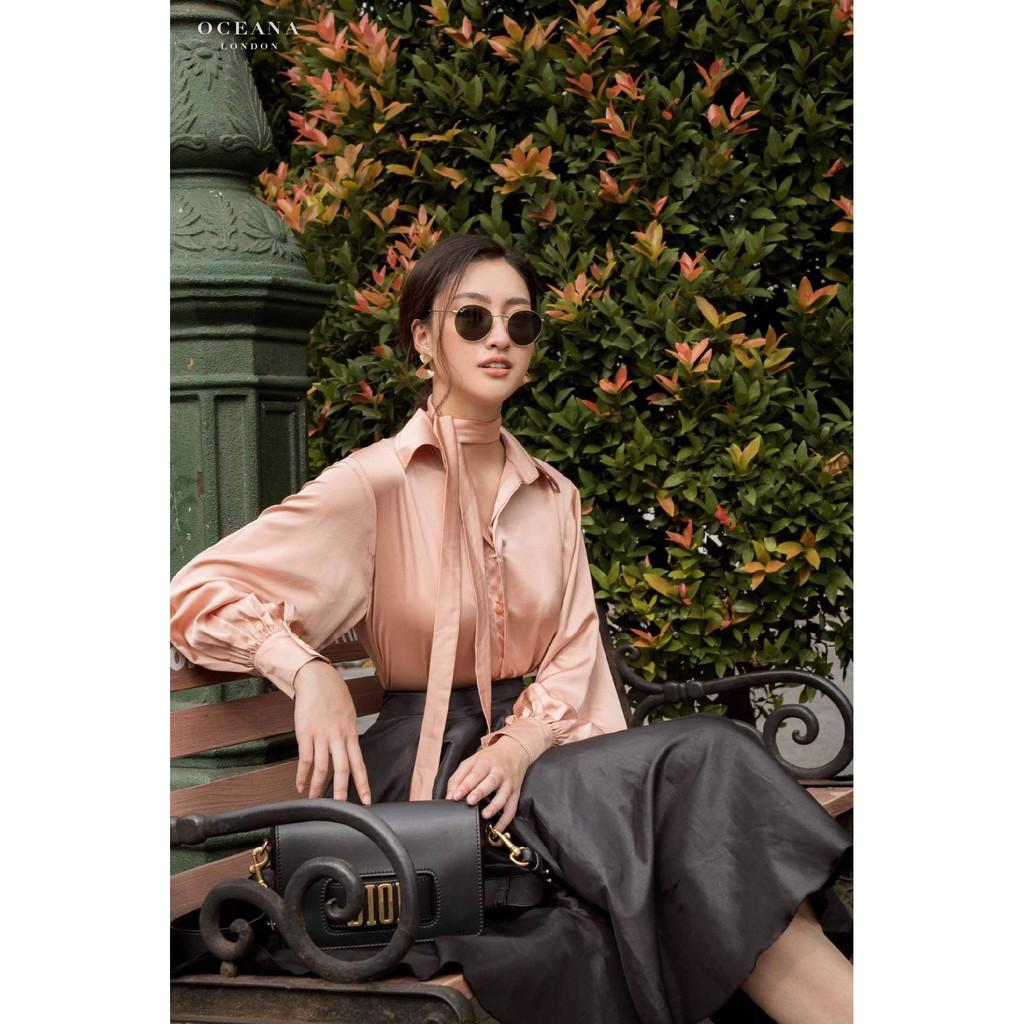 Oceana London - Áo sơ mi lụa tay phồng màu nude