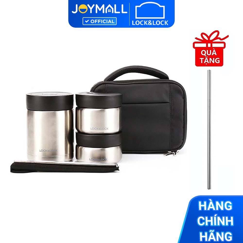 Bộ Hộp Cơm Giữ Nhiệt Thép Không Gỉ Lock &amp; Lock LHC8031SLV - Hàng Chính Hãng, Kèm Túi Xách, Đôi Đũa - Tặng Kèm Ống Hút Inox