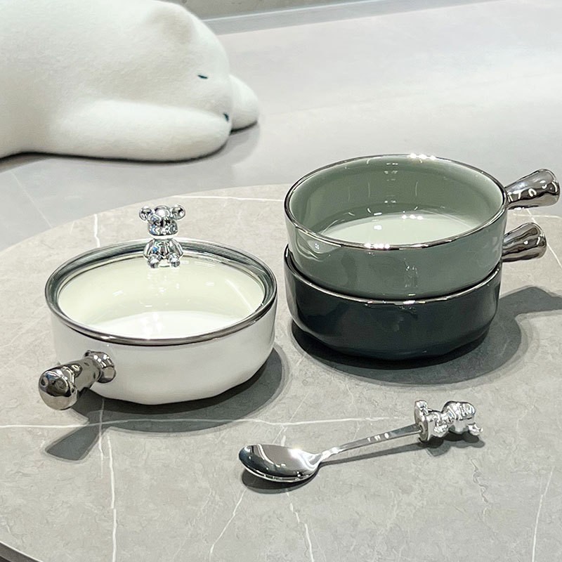 Bát Sứ Có Tay Cầm Có Nắp Đậy Hình Gấu Decor Thố Tròn Phong Cách Bắc Âu, Tô Bát Gấu Sứ Có Tay Cầm Decor Kèm Muỗng Nĩa