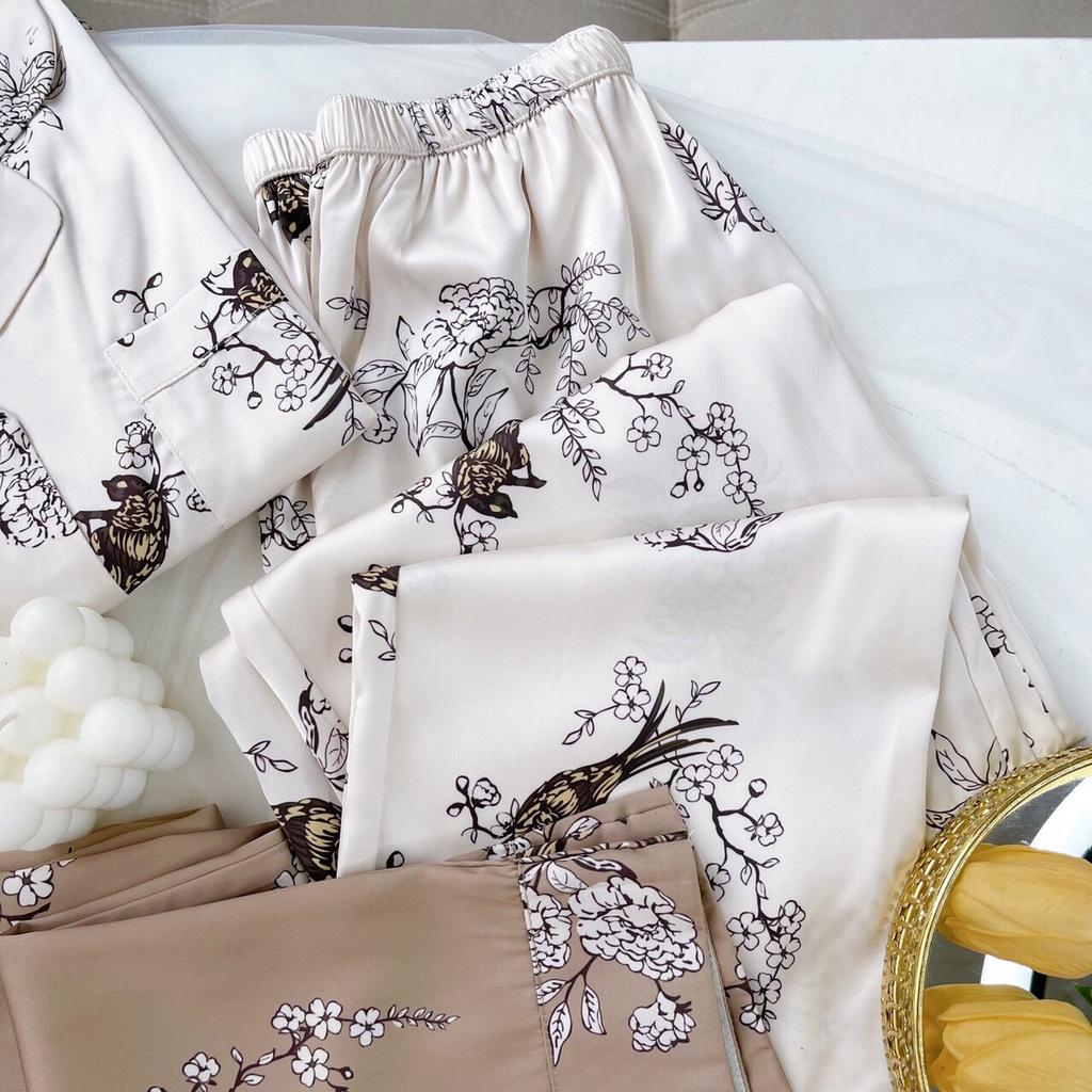 Bộ mặc nhà pyjama lụa cao cấp Tea Store tay dài quần dài họa tiết chim sẻ hai màu sang trọng