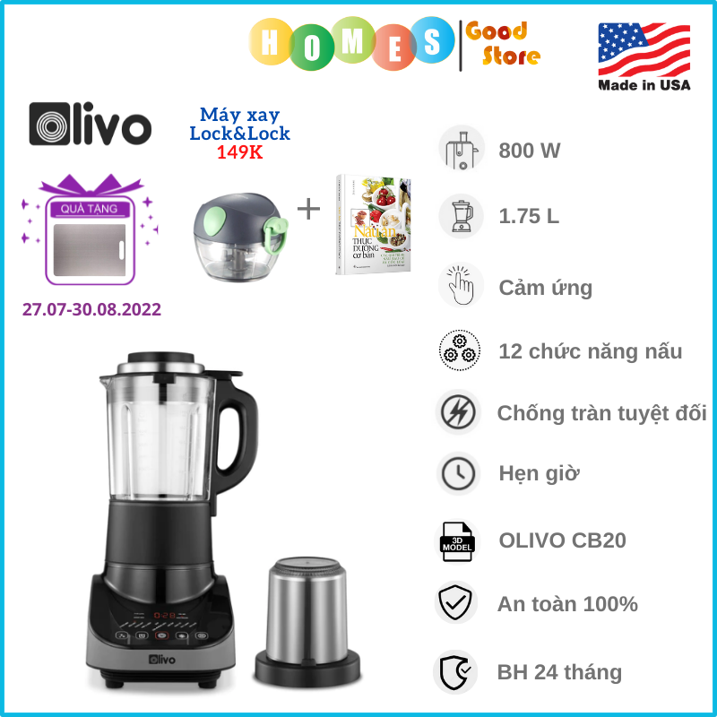 Máy Nấu Sữa Hạt, Máy Làm Sữa Hạt OLIVO CB20 Thương Hiệu Mỹ Cao Cấp Gồm 12 Chức Năng Xay Nấu Độ Ồn Thấp Kèm Cối Xay Khô Tự Vệ Sinh Khử Khuẩn Công Suất 1000W - Hàng Chính Hãng