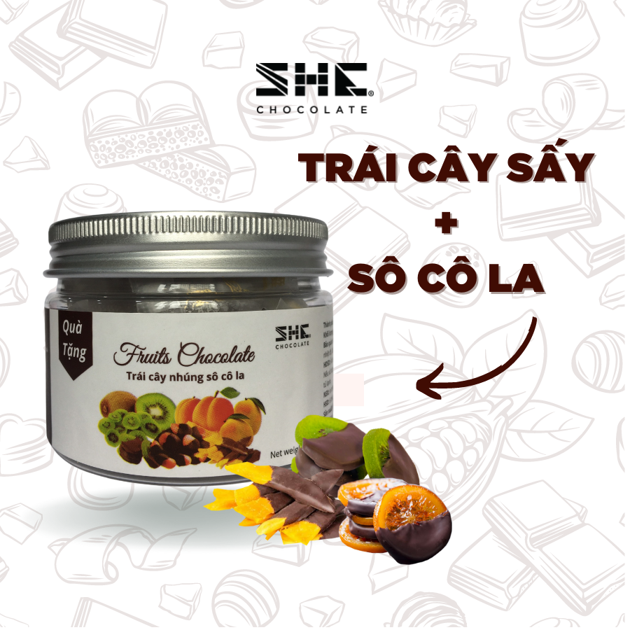 Trái cây nhúng socola thập cẩm mix 4 vị - Hũ 50g - SHE Chocolate - Đa dạng vị giác, tốt cho sức khỏe. Quà tặng người thân, dịp lễ, thích hợp ăn vặt