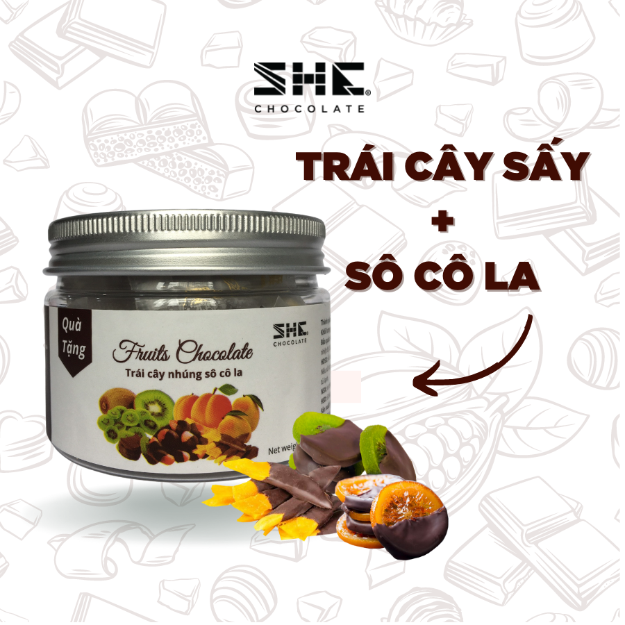 Trái cây nhúng socola mix 4 vị (Cam, Tắc, Xoài, Kiwi) - Hũ 50g/ Túi 500g - SHE Chocolate - Bổ sung năng lượng, đa dạng vị giác. Quà tặng người thân, dịp lễ, thích hợp ăn vặt