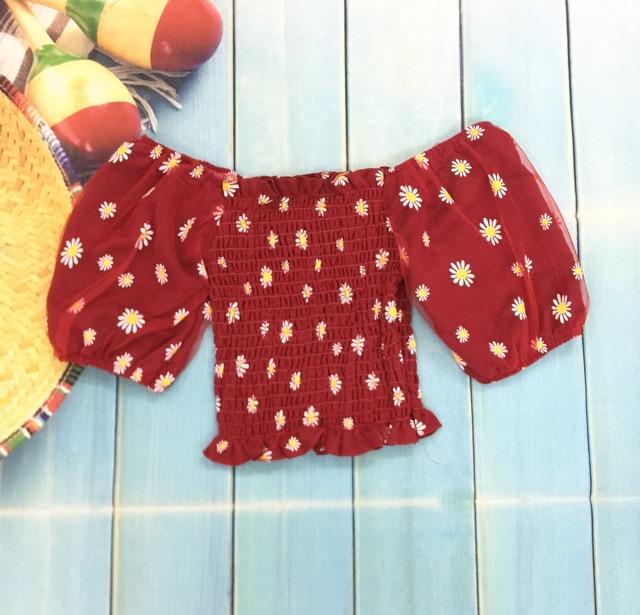 Áo kiểu nhún phối lưới in hoa cúc