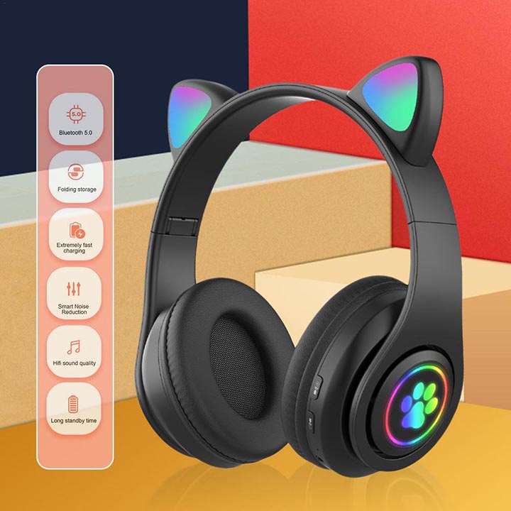 Tai nghe chụp tai headphone bluetooth Hewolf tai nghe mèo không dây hàng chính hãng có đèn LED nghe nhạc chơi game đàm thoại dùng được cho điện thoại, laptop, máy tính