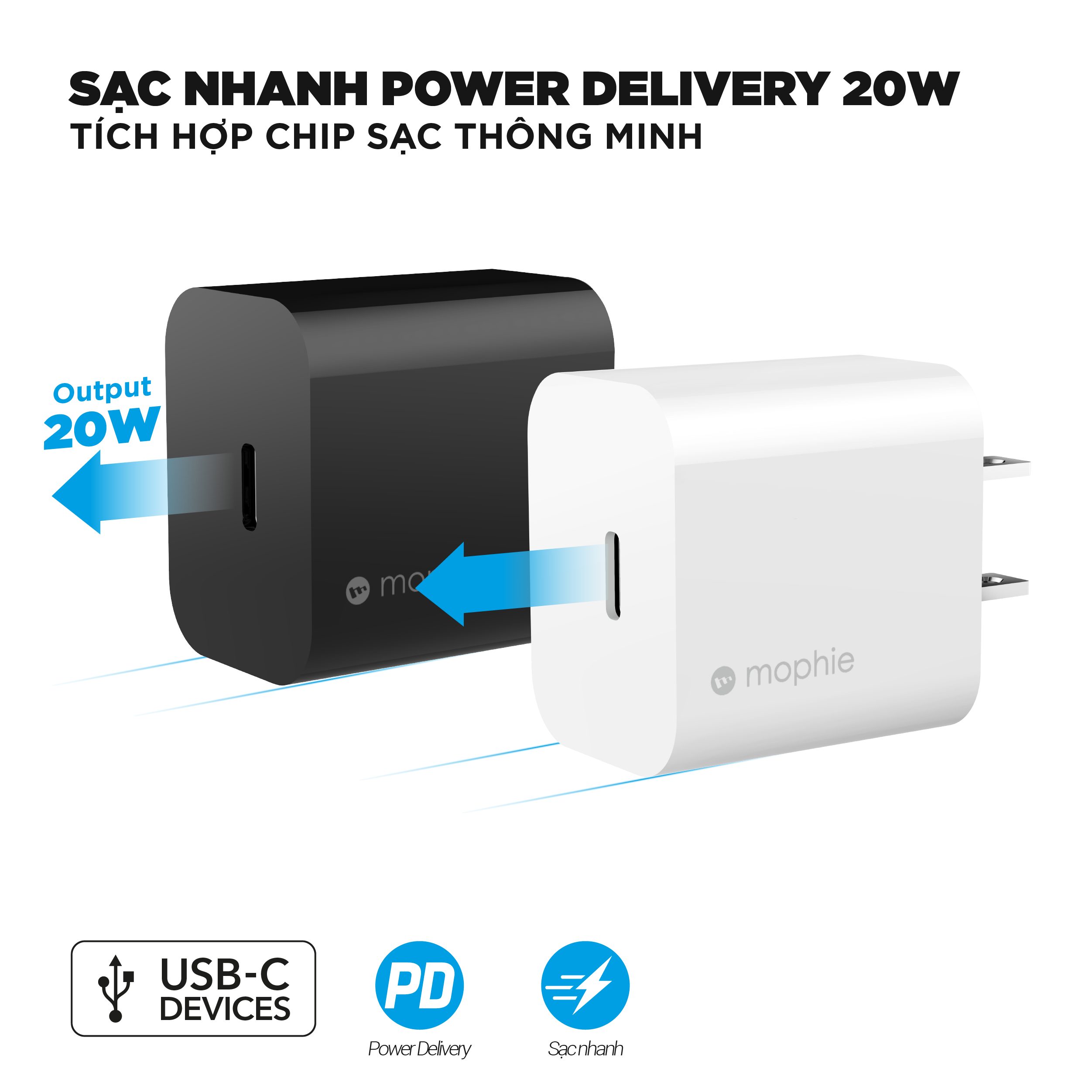 Combo sạc nhanh Mophie Power Delivery 20W USB-C - Cáp Mophie C to LN 1M - Hàng chính hãng