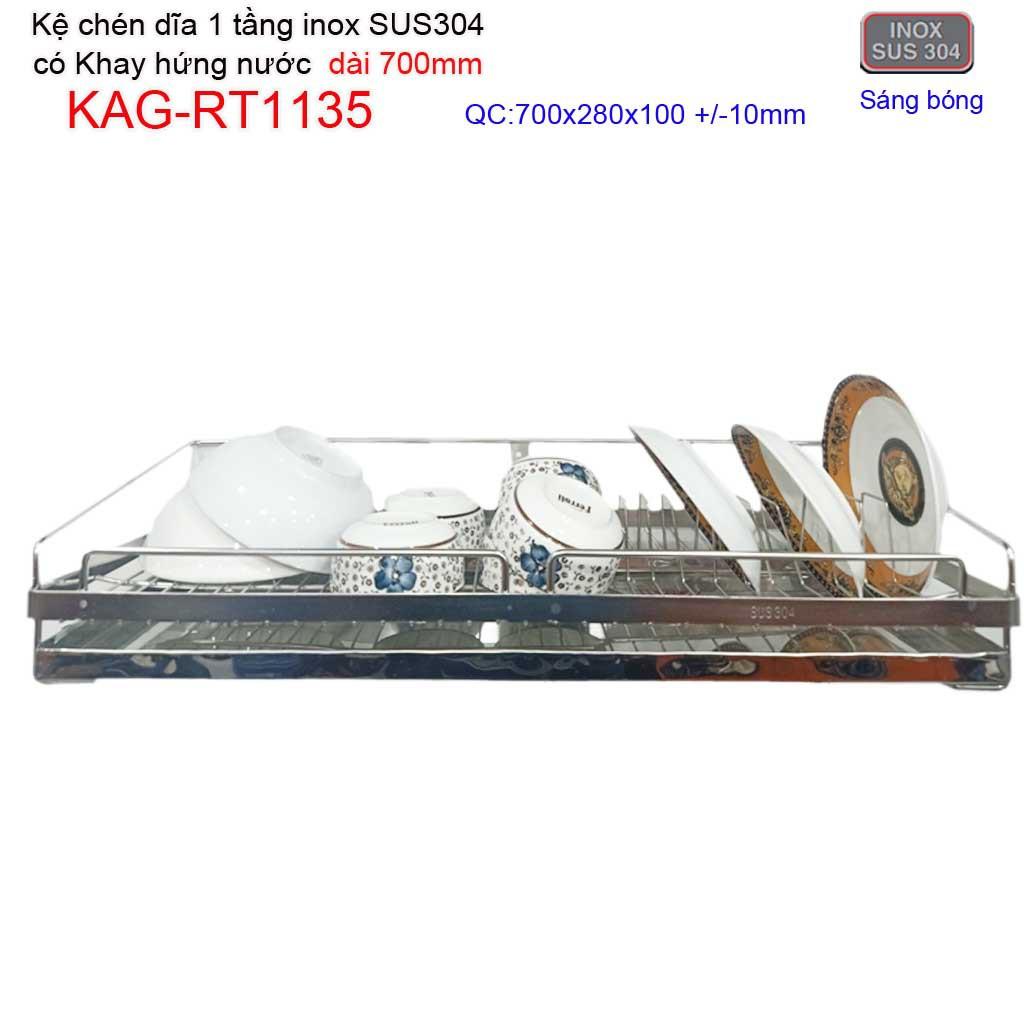 Kệ đựng chén bát 70cm inox 304, kệ úp chén dĩa 1 tầng có khay hứng nước inox KAG-RT1135