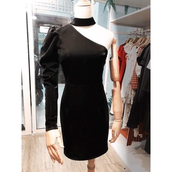 F1009 Đầm ôm dự tiệc lệch vai tay phồng phối choker rời
