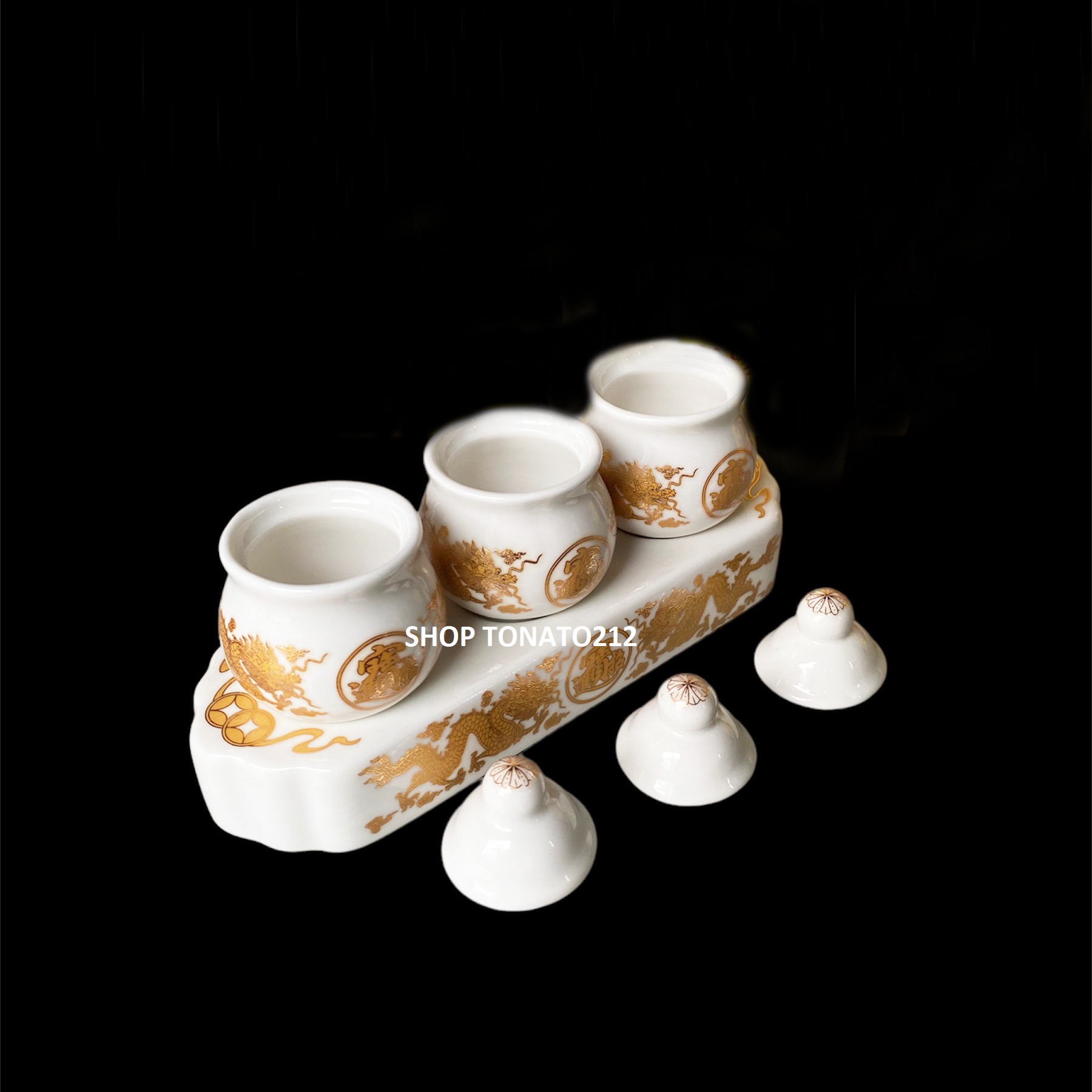 CHUNG NẮP BỘ 3 LY THỜ CÚNG RỒNG TRẮNG 2128 CAO 8CM