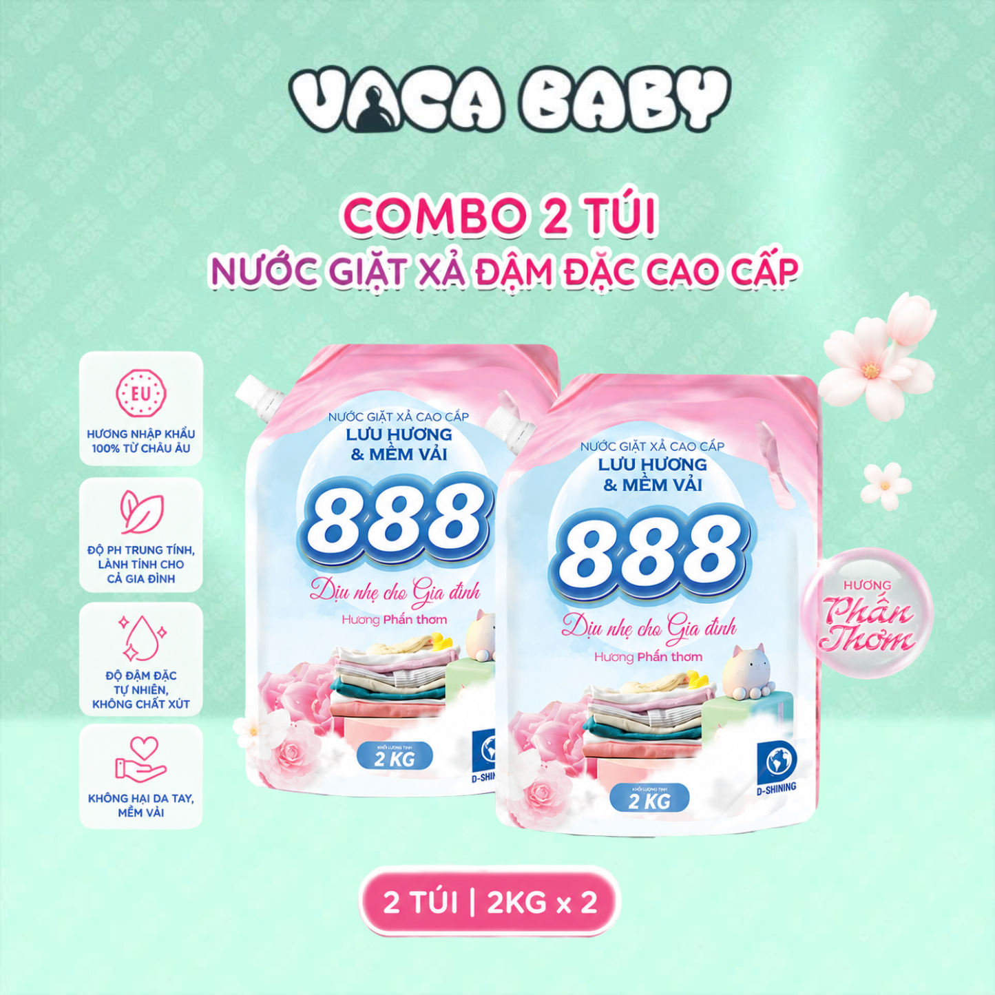 Combo 2 Túi Nước Giặt Xả 888 Hương Phấn Thơm Cao Cấp 2kg/Túi