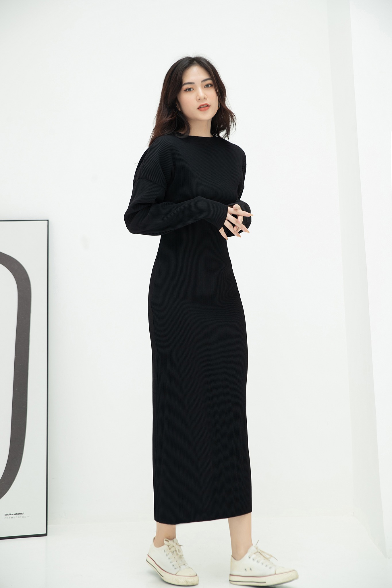 Đầm thun gân đen NGADO , đầm thun nữ , đầm midi , đầm dạo phố