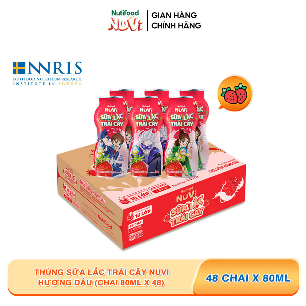 Thùng 48 chai Sữa Lắc Trái Cây Nuvi Hương Dâu 80ml - Tăng Cường Chiều Cao, Phát Triển Trí Não