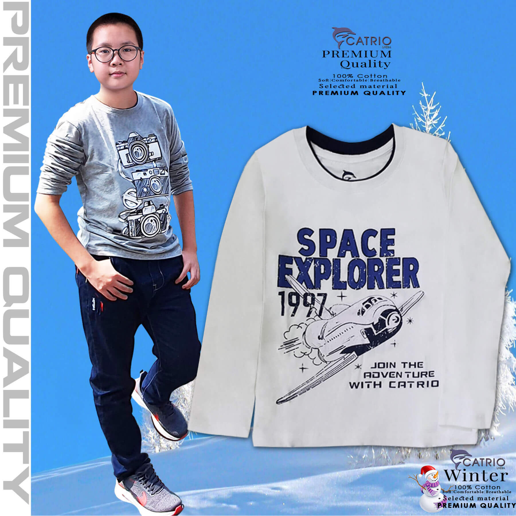 ÁO THUN DÀI TAY BÉ TRAI CATRIO in SPACE màu TRẮNG là áo phông trẻ em từ 5 tuổi đến 7 tuổi (20kg .. 23 .. 26kg) vải 100% cotton an toàn, thuộc BST quần áo trẻ em mùa thu đông CATRIO + quần dài cotton thành bộ đồ thu đông bé trai đẹp