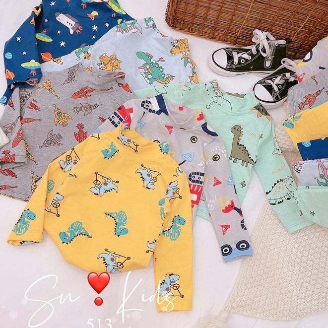 Bộ cotton cổ cao 3p quần áo bé trai hoạ tiết khủng long ô tô