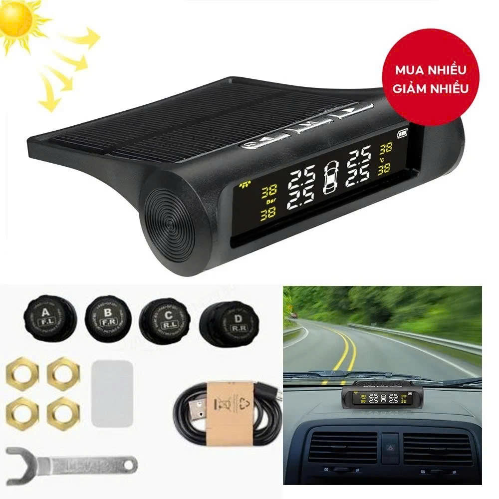 Bộ Cảm Biến Áp Suất Lốp Ô Tô Năng Lượng Mặt Trời – Không Dây, Dễ Lắp, Cảnh Báo Chính Xác, đèn
