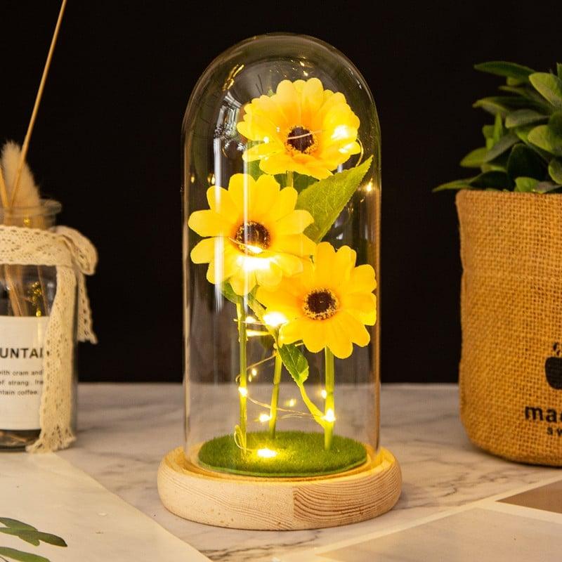 Hoa Hồng 3 bông đa sắc lồng thủy tinh đế gỗ đèn led- quà tặng sinh nhật người yêu - lễ tình nhân - quà lưu niệm - E07A