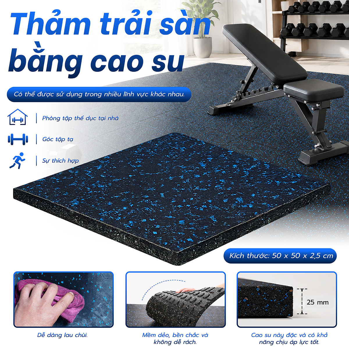 Thảm caosu cứng , Gạch caosu 6025 (50X50X2.5) đạt tiêu chuẩn Mỹ và Châu Âu
