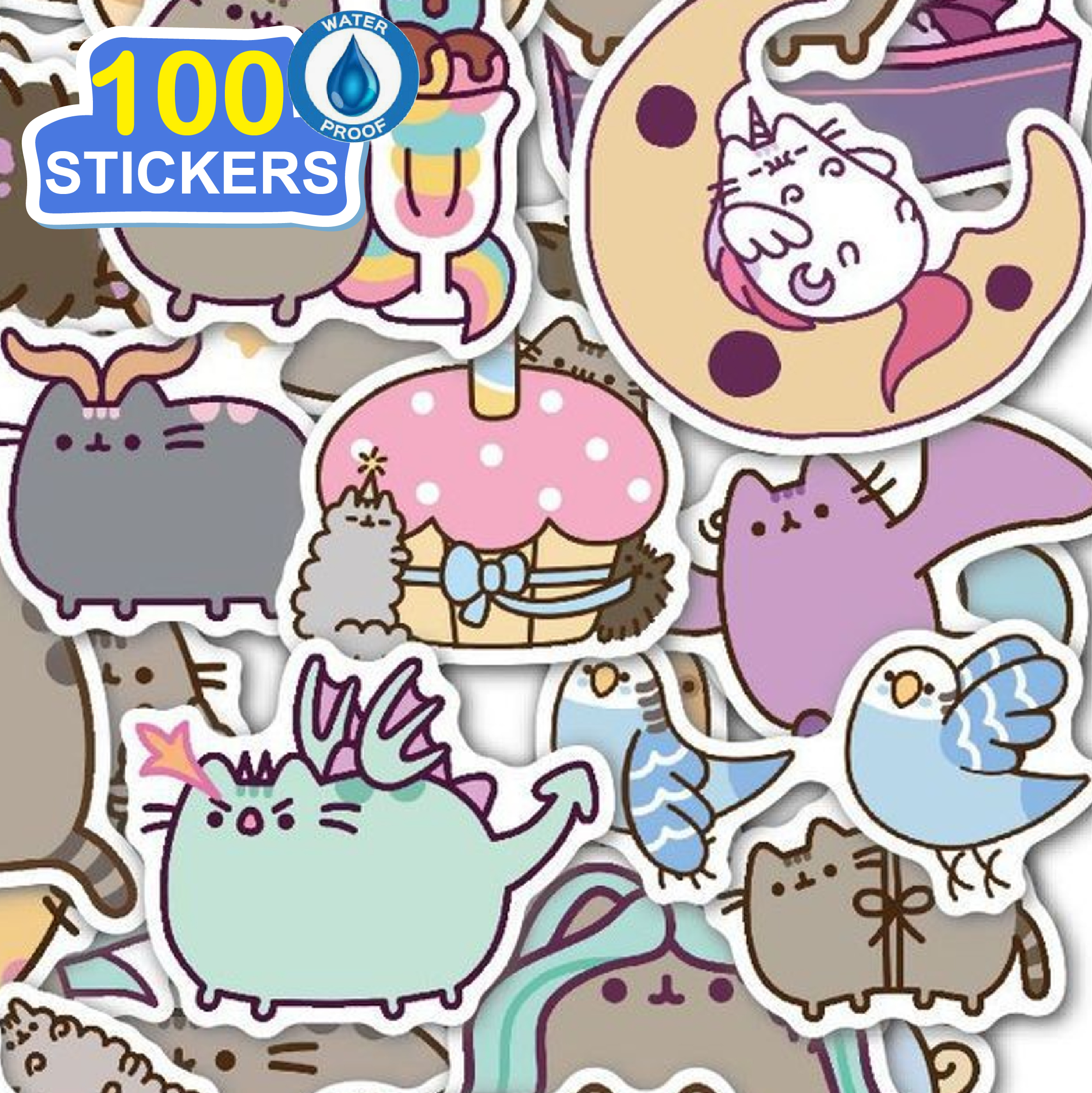 100 Stickers hoạt hình mèo ú hình dán dễ thương trang trí laptop, điện thoại, ipad, cốc nước, sổ tay, vali du lịch, scooter, ván trược - Chống thấm nước - FiDi