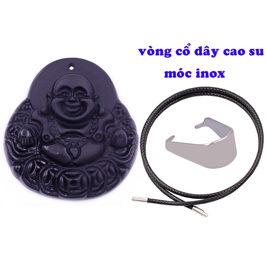 Mặt dây chuyền Phật Di lặc  đá đen 4.6 cm  kèm vòng cổ dây cao su đen + móc inox trắng, mặt dây chuyền Phật cười