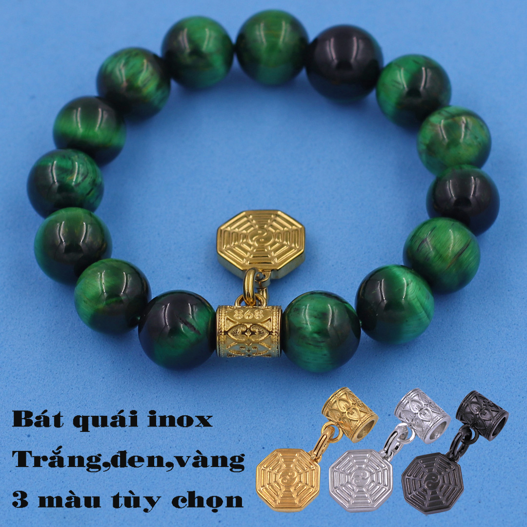 Chuỗi tay đá Mắt Hổ xanh lá 12 ly - Charm Bát Quái Inox VMHXLBQV12 - Hợp mệnh Mộc, Hỏa